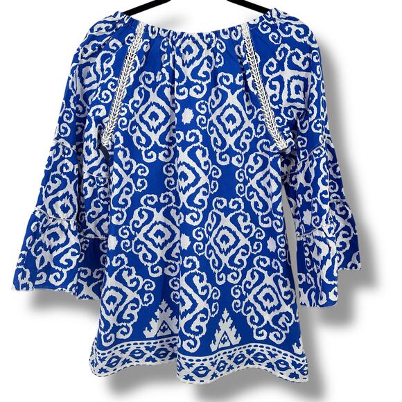New Calessa Blue Abstract Ikat Print 3/4 Tiered Sleeve Tunic Shirt Size Small - Picture 5 of 7